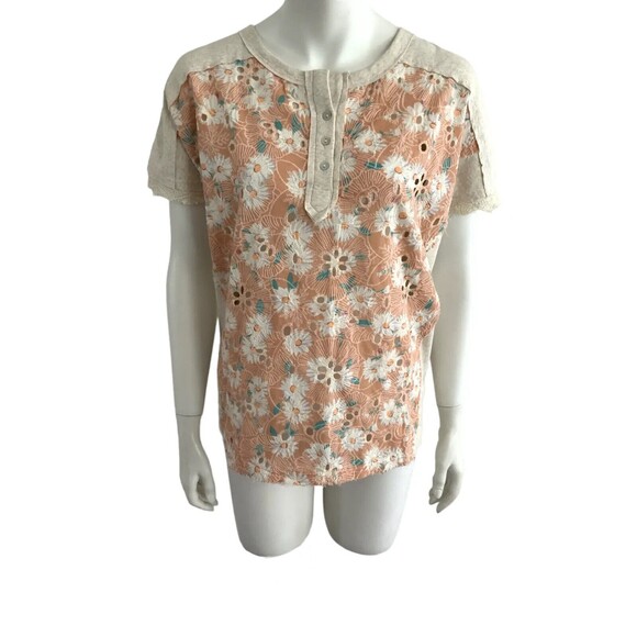 Miss Me Top M Oatmeal Embroidered Short Sleeve - Picture 1 of 12